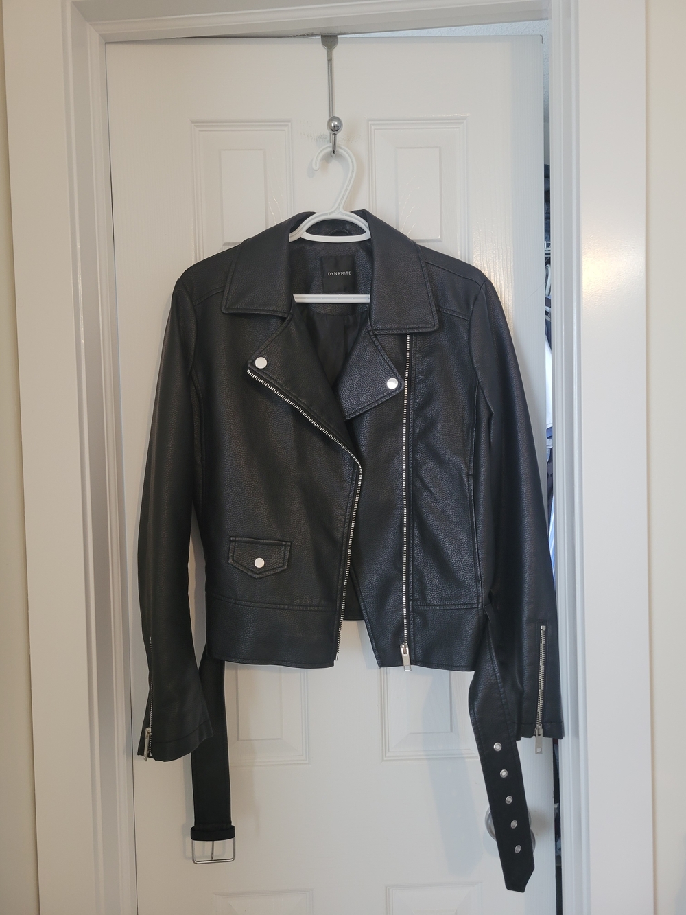 Dynamite Black Faux Leather Biker Jacket with Belted Hem Size L